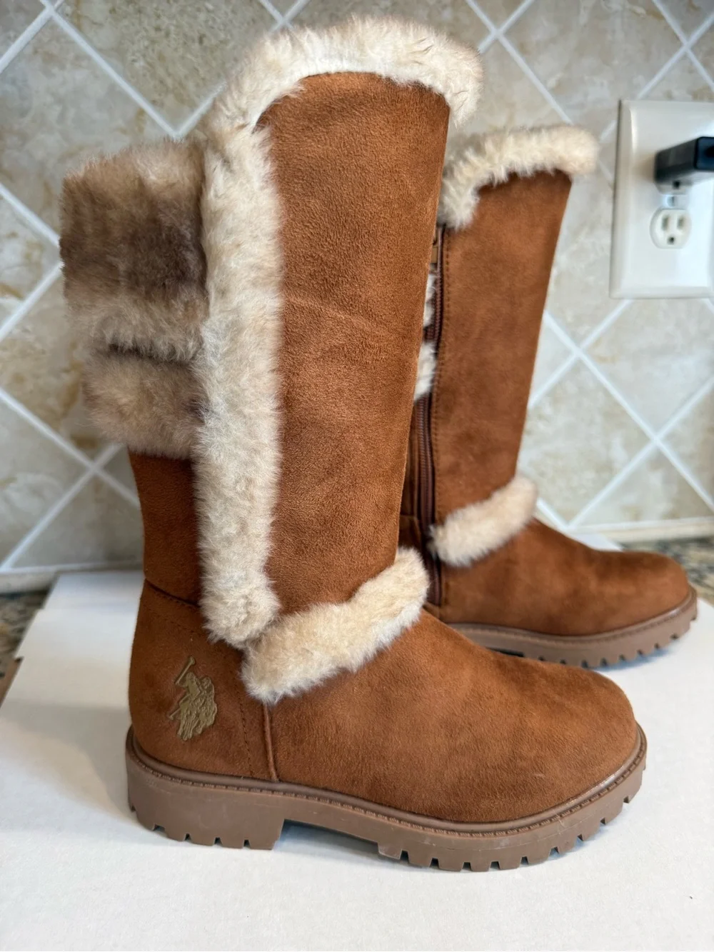 U.S. Polo Assn Girls Size 12C Brown Faux Fur Pom Pom Tall Winter Boots Zip